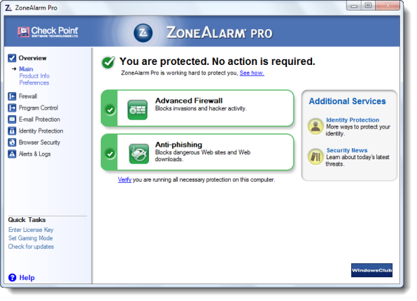 screenshot of ZoneAlarm Pro